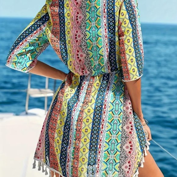 Geometric Print Tassel Trim Drawstring Beach Swimsuit Cover Up (XL - 12) NWT - Picture 3 of 4